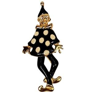 Retro Enamel Articulated Clown Figural Pin Polka Dots Brooch Gold Tone 2.5"